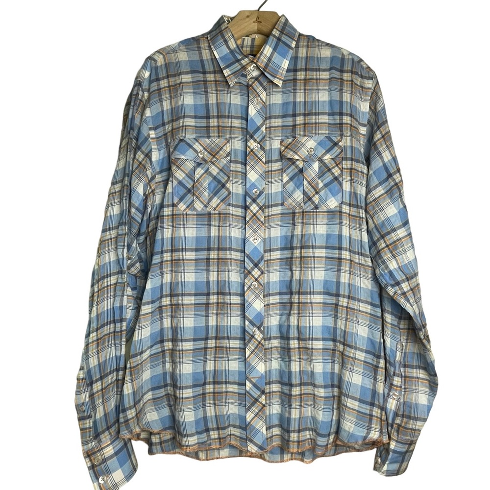 GEORG ROTH Los Angeles Mens Button Up LS Shirt Blue / Orange Plaid Flip Cuffs L